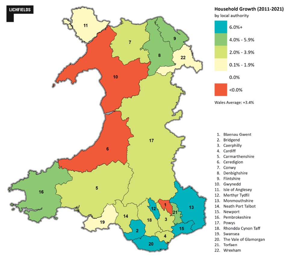 Household change between 2011 and 2021 by local authority